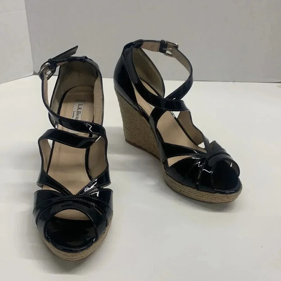 Lk Bennet Maggie Sandal Wedge Espadrilles Patent Leather Heels Black 39.5 US 9 - Picture 2 of 11